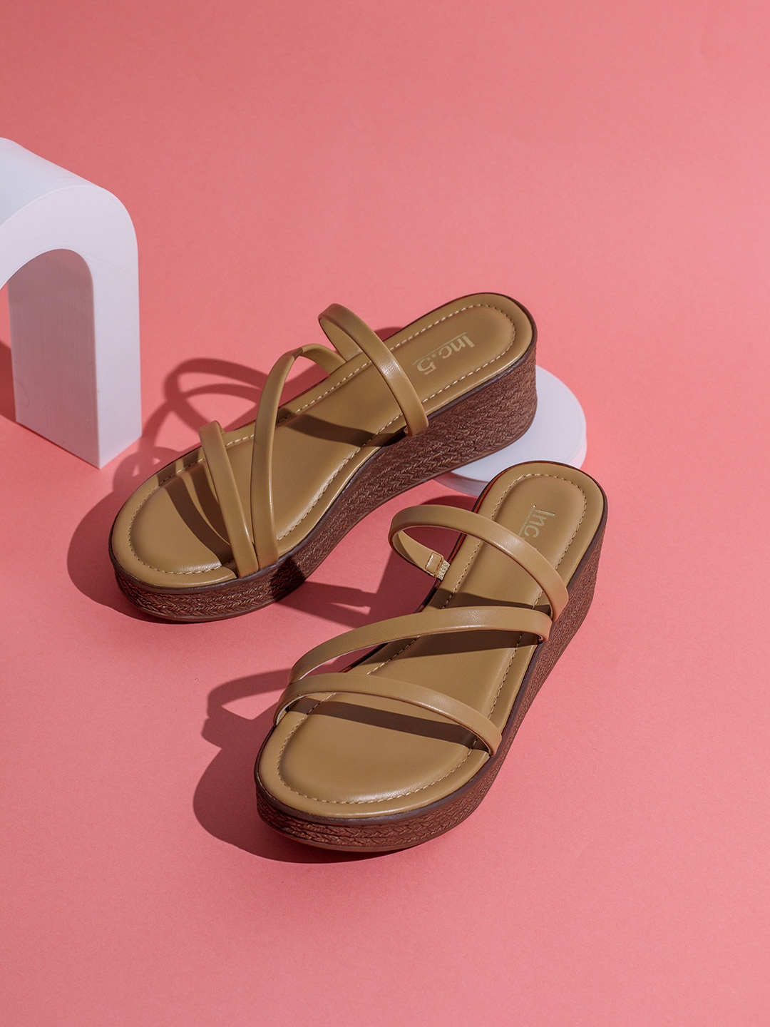 

Inc 5 Striped Party Wedge Sandals, Beige