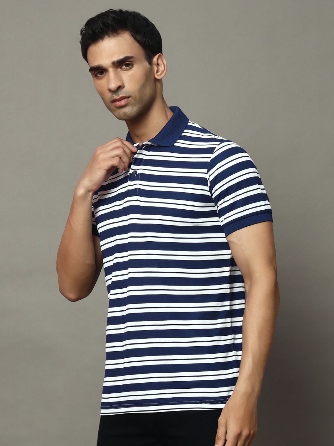 

OGEN Men Striped Polo Collar Pockets T-shirt, Navy blue