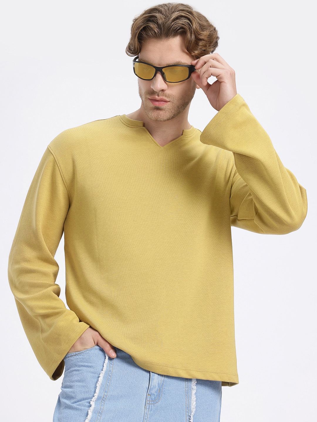 

glitchez Casual Constructs Textured Oversized Fit T-shirt, Mustard