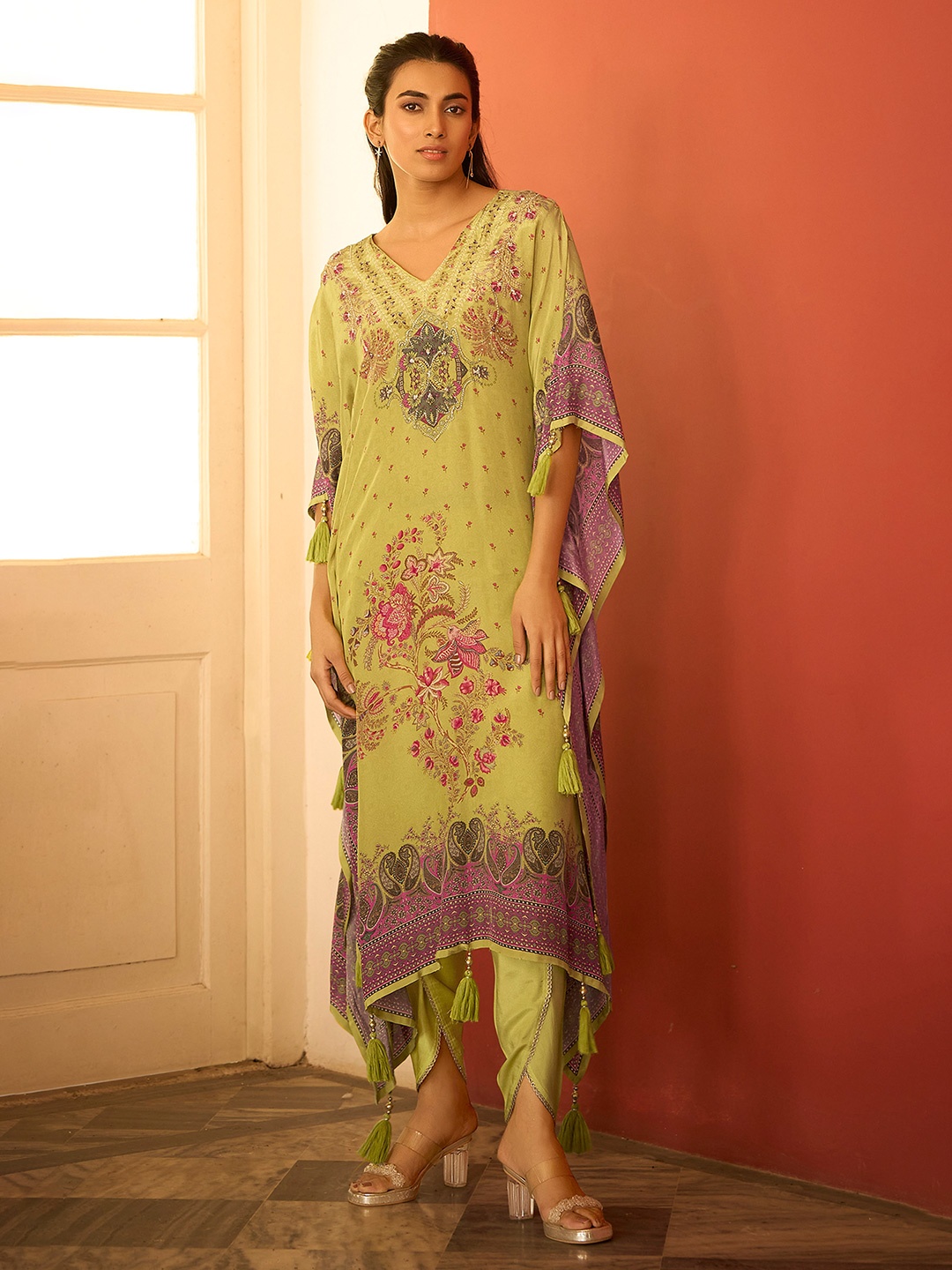 

Anouk Ethnic Motifs Printed Thread Work Pure Silk Kaftan Kurta With Dhoti Pants, Lime green