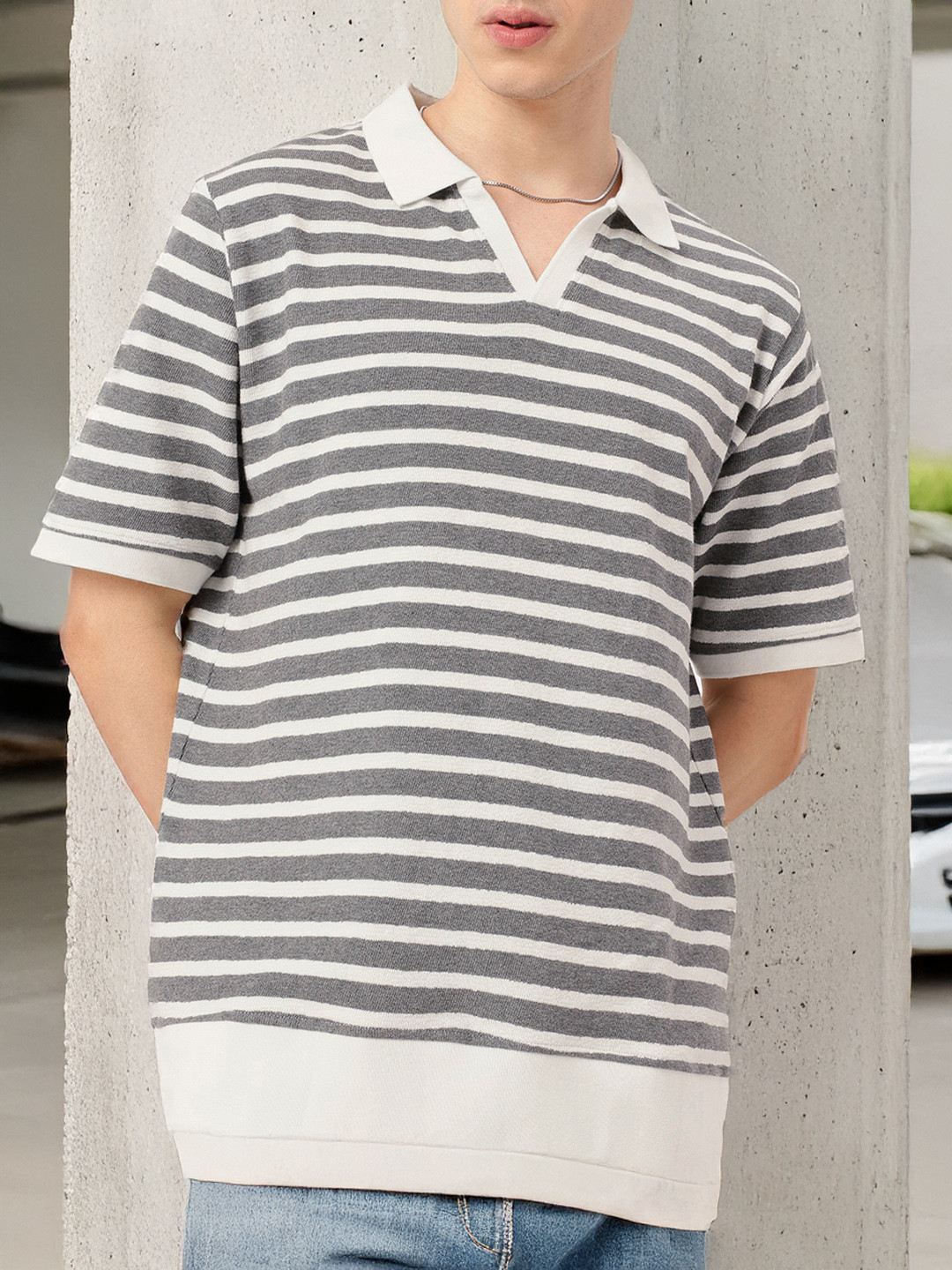 

Kook N Keech 90s Nostalgia Striped Relaxed Fit Polo Collar T-shirt, Grey