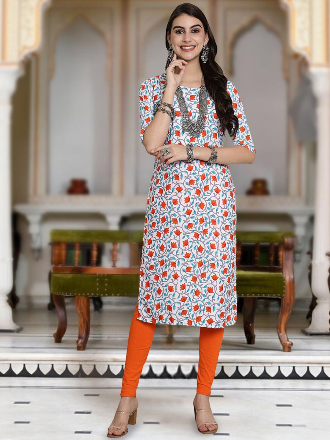 

Moda Rapido Floral Printed Round Neck Straight Kurta, White