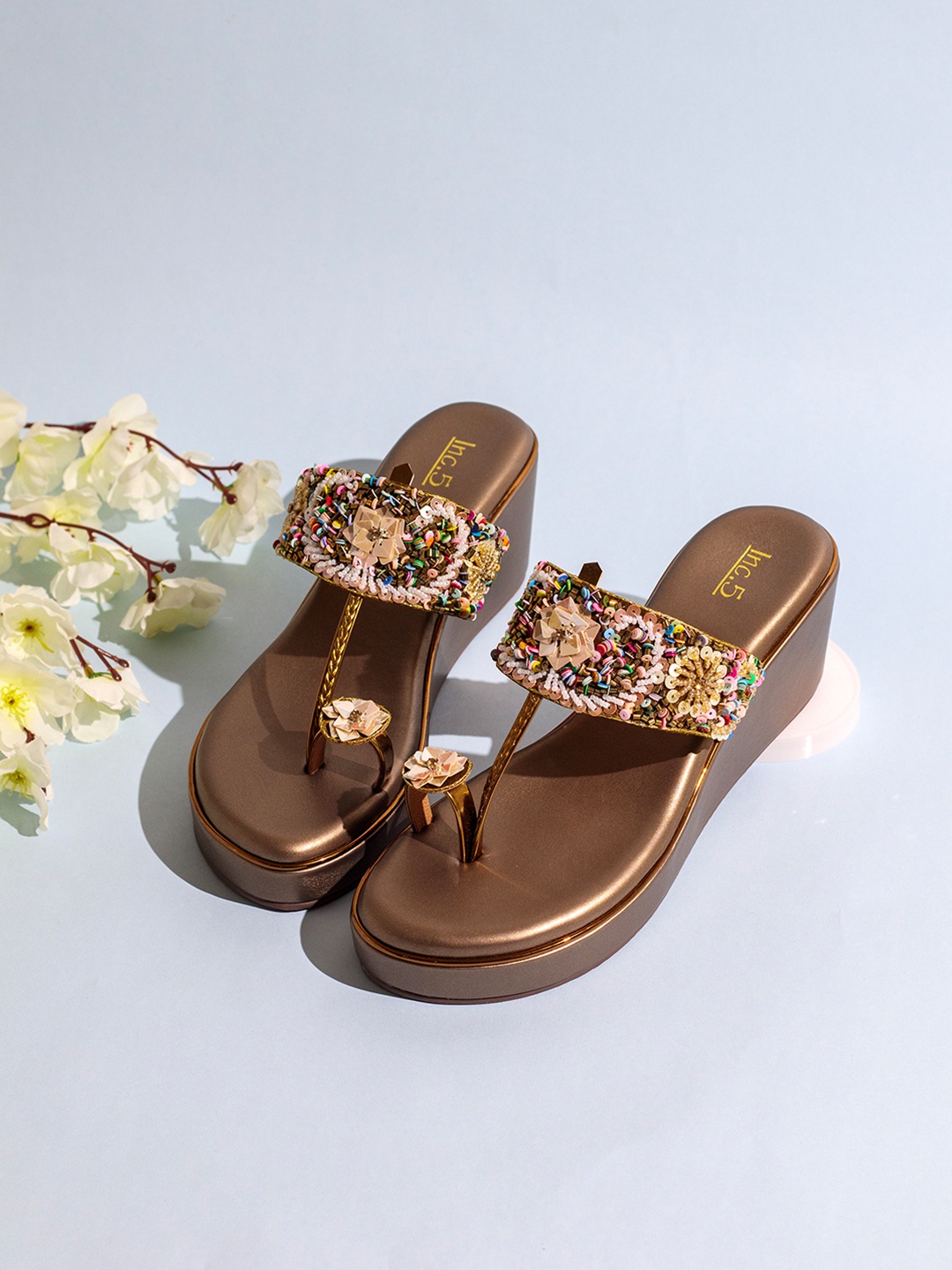 

Inc 5 Embellished Ethnic Wedge Sandals, Gold