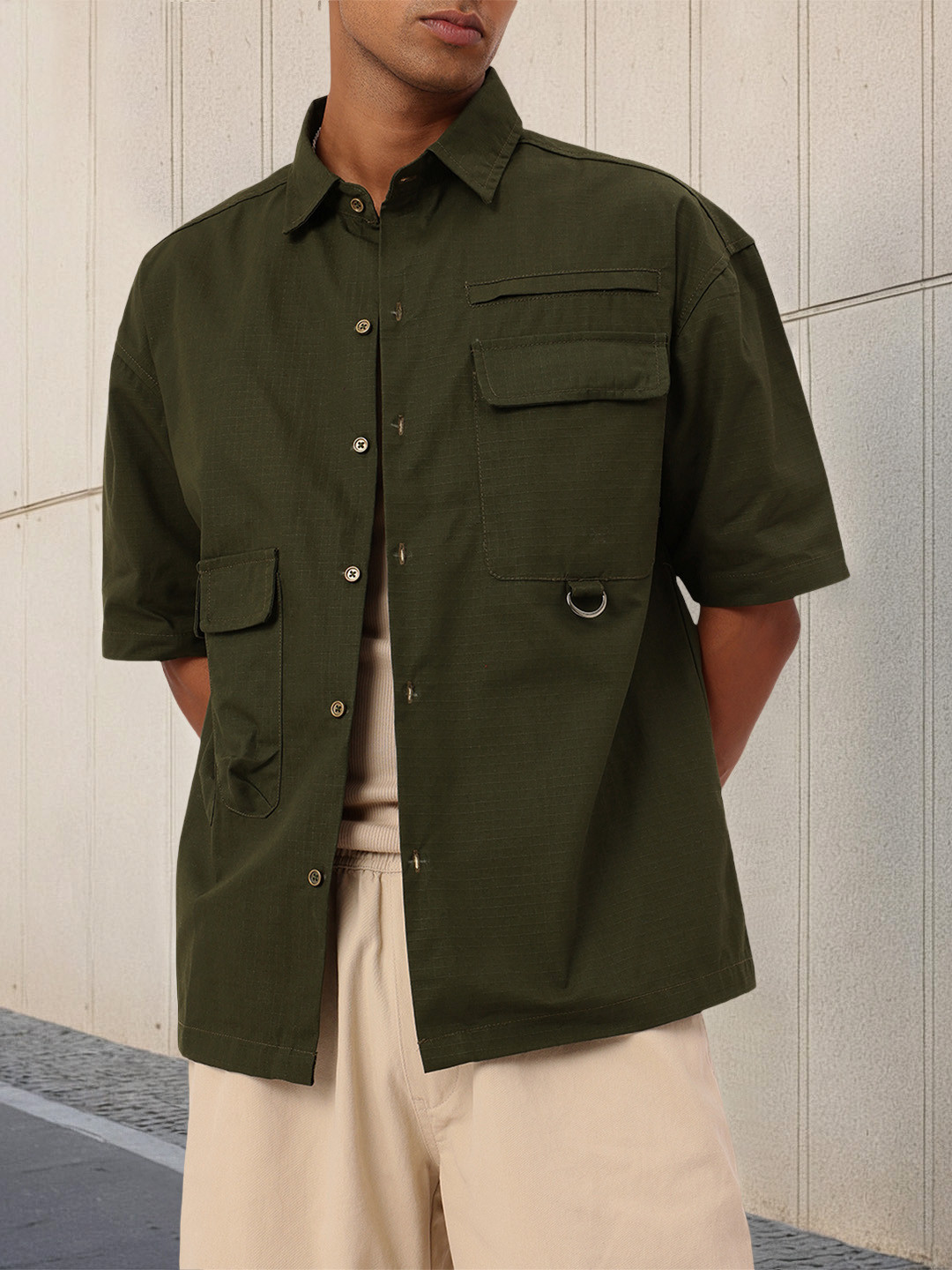 

Kook N Keech Effortless Edge Pocket Detailing Relaxed Fit Shirt, Olive