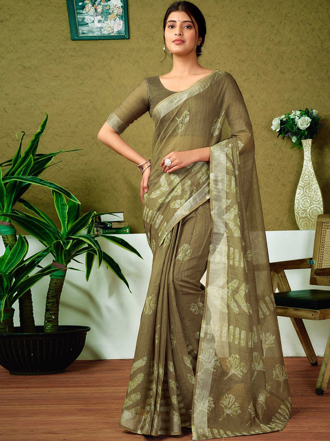 

all about you Floral Zari Pure Linen Ready to Wear Saree, Green