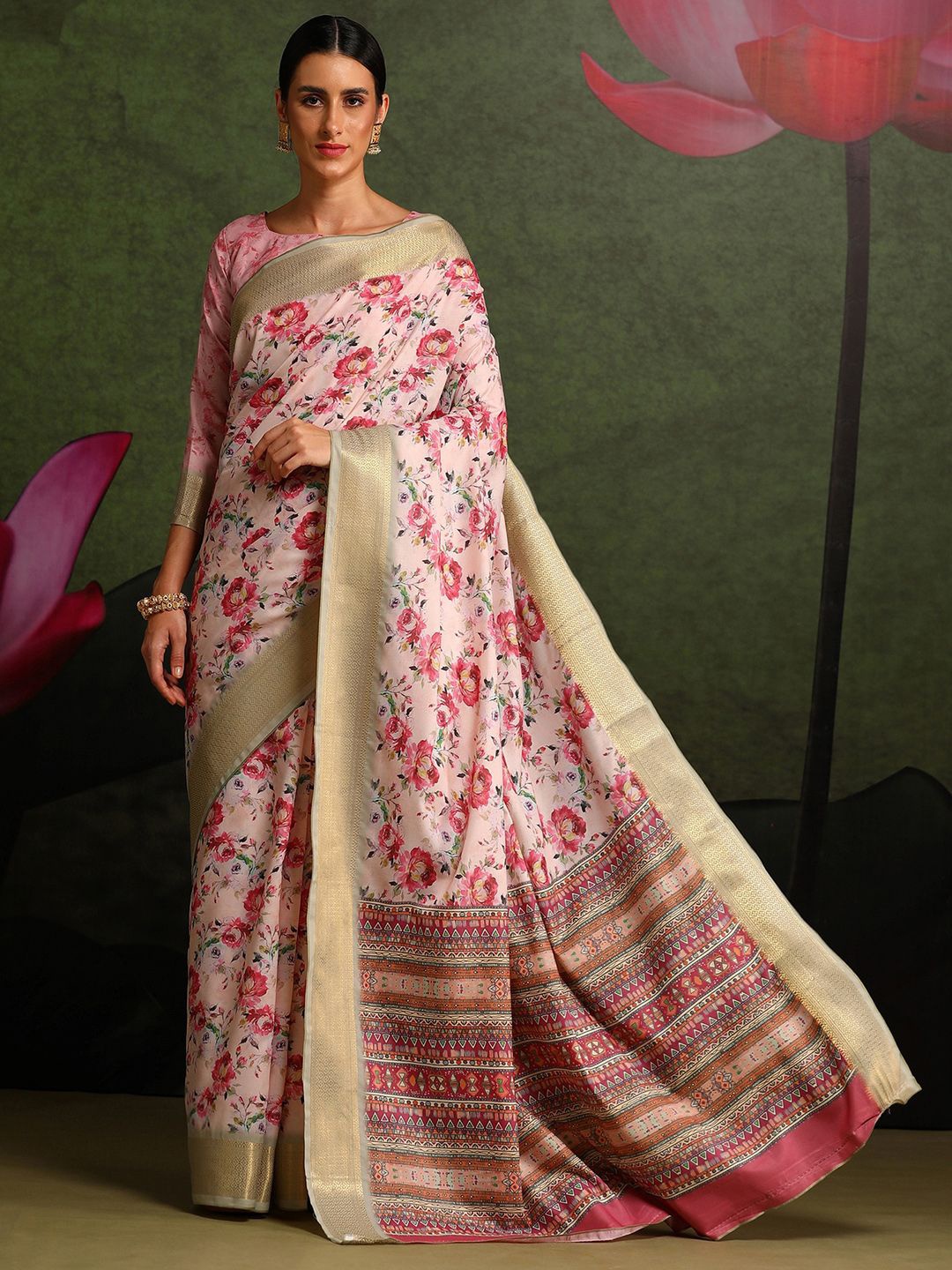 

Anouk Rustic Floral Zari Silk Blend Sungudi Saree, Pink