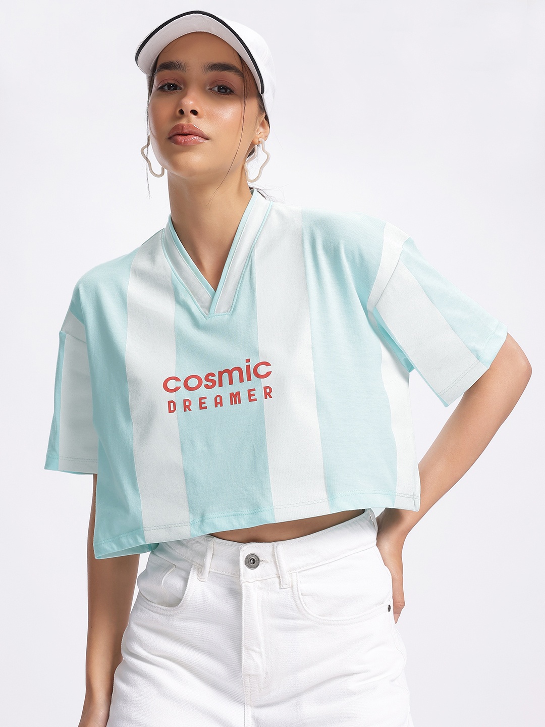 

DressBerry Stripe Statement Typo Print Boxy Crop T-shirt, Blue