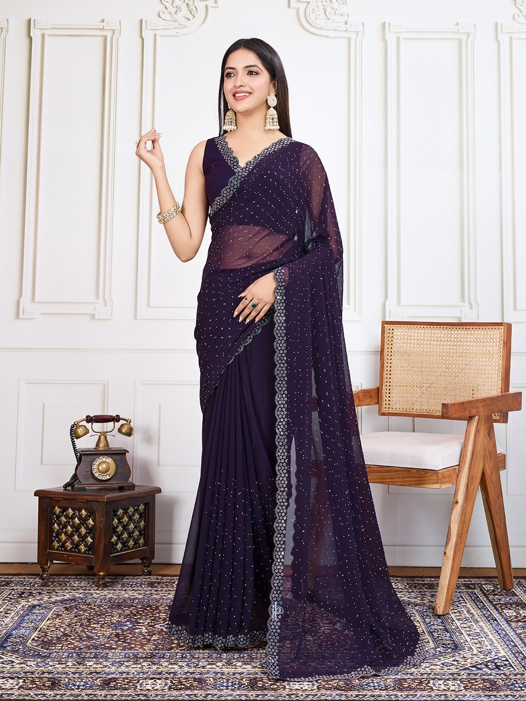

House of Pataudi Embellished Saree With Blouse Piece, Purple