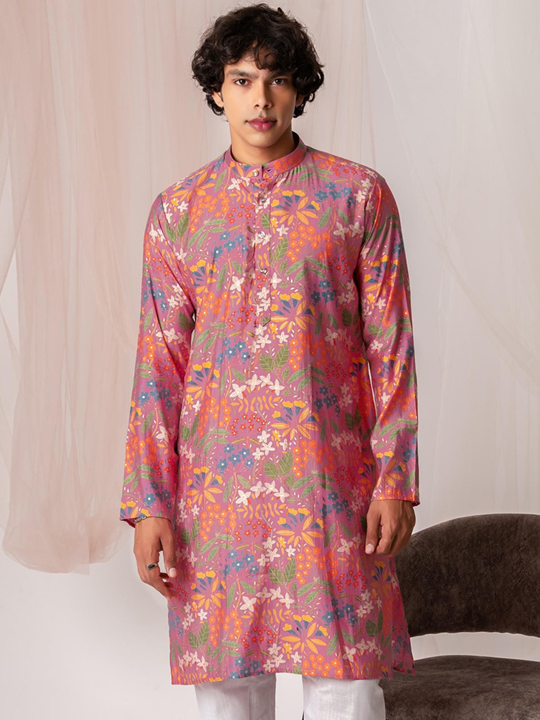 

5 Stitch Men Floral Printed Kurta, Pink