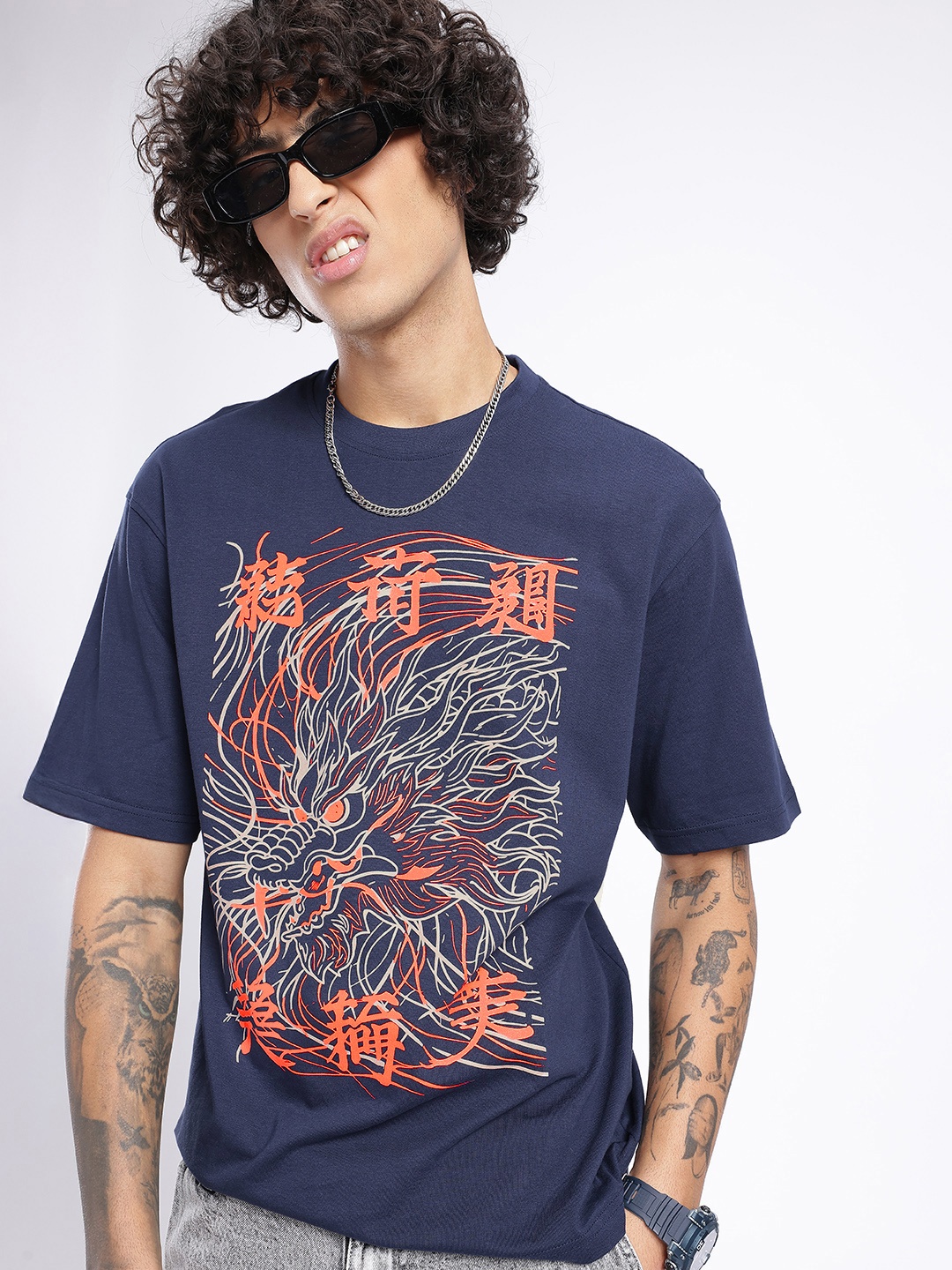 

glitchez Urban Savvy Printed Relaxed Fit T-shirt, Navy blue