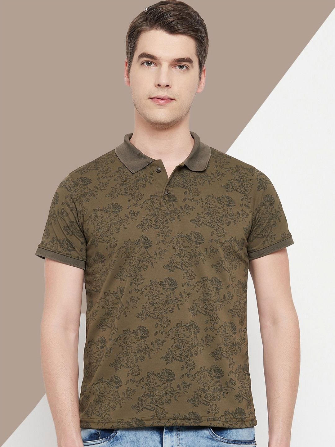 

OGEN Men Floral Printed Polo Collar Pockets T-shirt, Olive