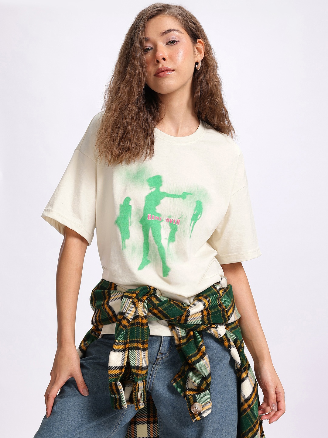 

glitchez Vibe Check Printed Oversized T-shirt, Off white