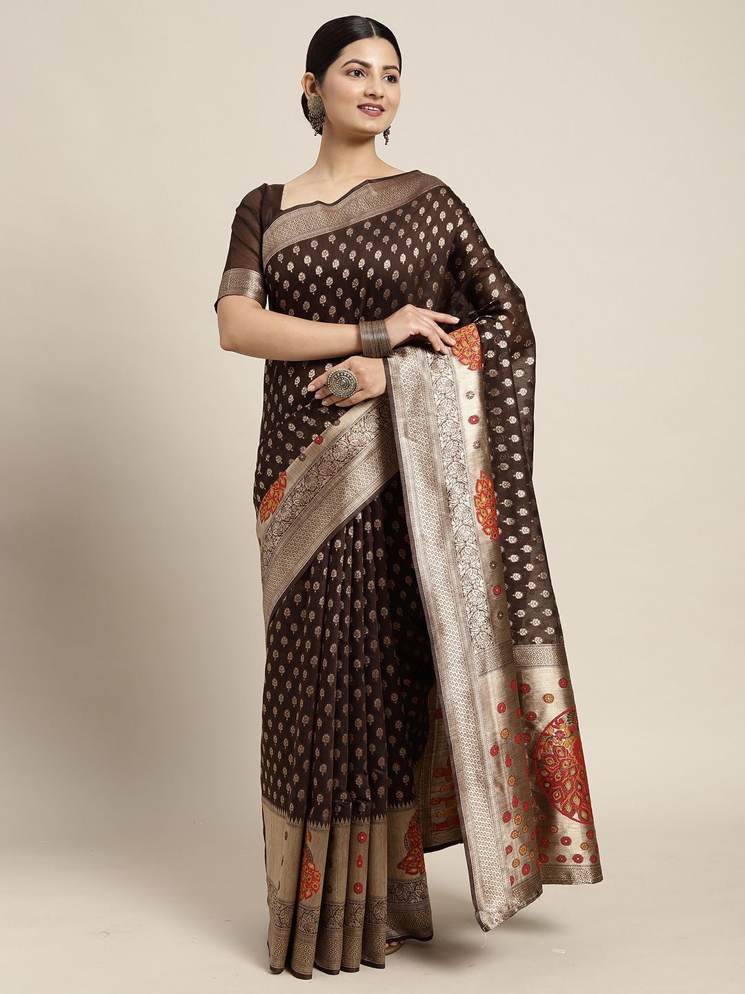 

Anouk Rustic Woven Design Zari Silk Cotton Banarasi Saree, Brown