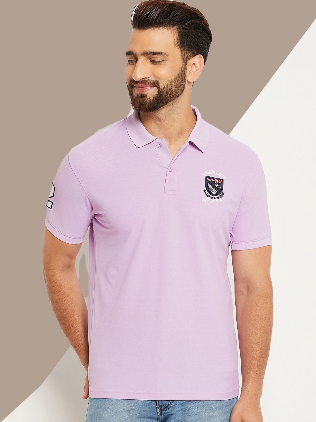 

OGEN Men Polo Collar Applique T-shirt, Lavender