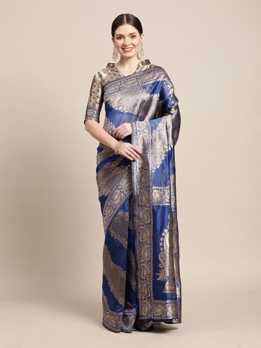 

Anouk Rustic Woven Design Zari Silk Blend Banarasi Saree, Blue
