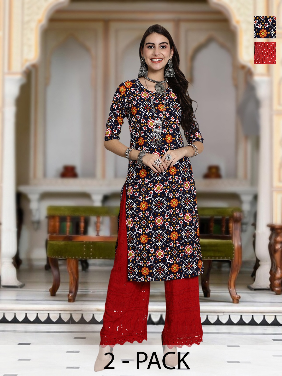 

Moda Rapido Selection Of 2 Ethnic Motifs Printed Round Neck Straight Kurta, Blue