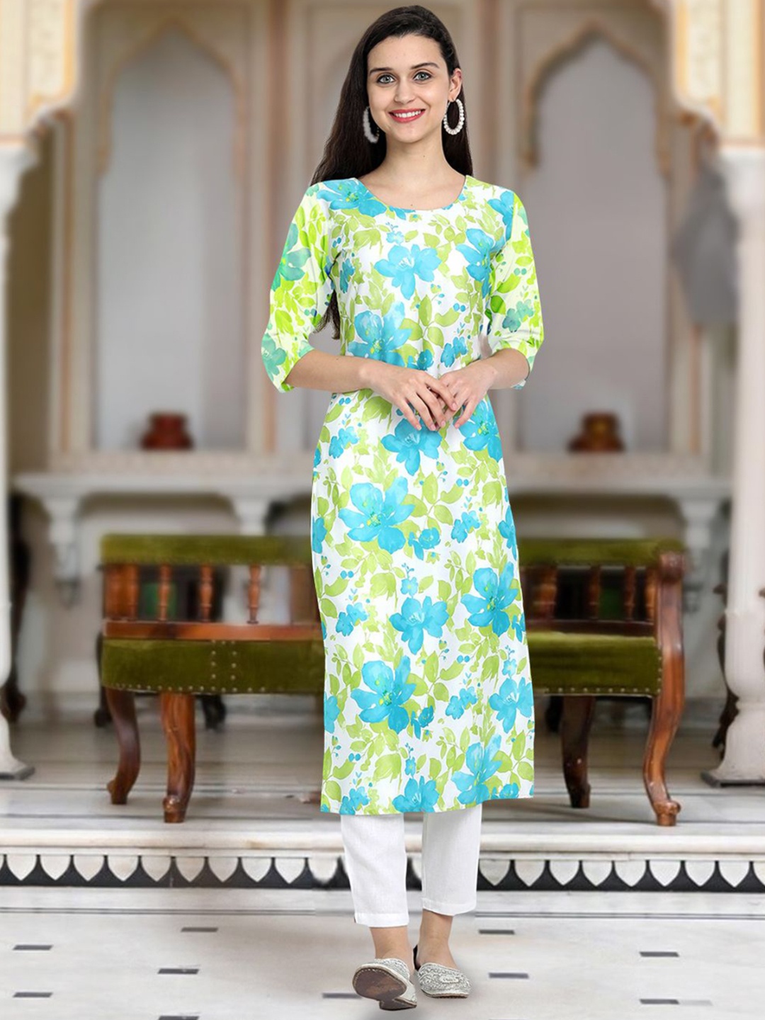 

Moda Rapido Floral Printed Round Neck Straight Kurta, White