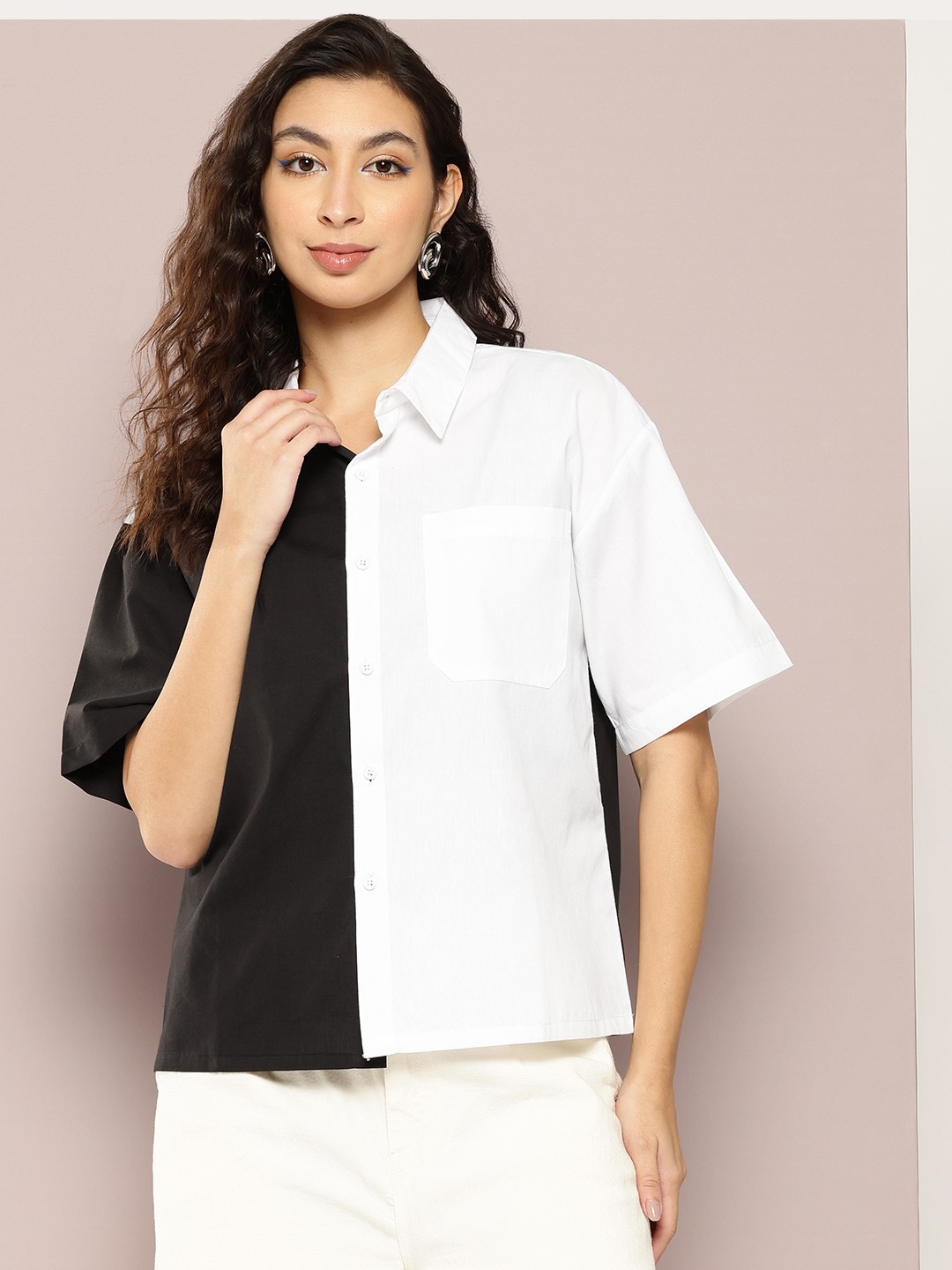 

Kook N Keech Boxy Colourblocked Pure Cotton Casual Shirt, White