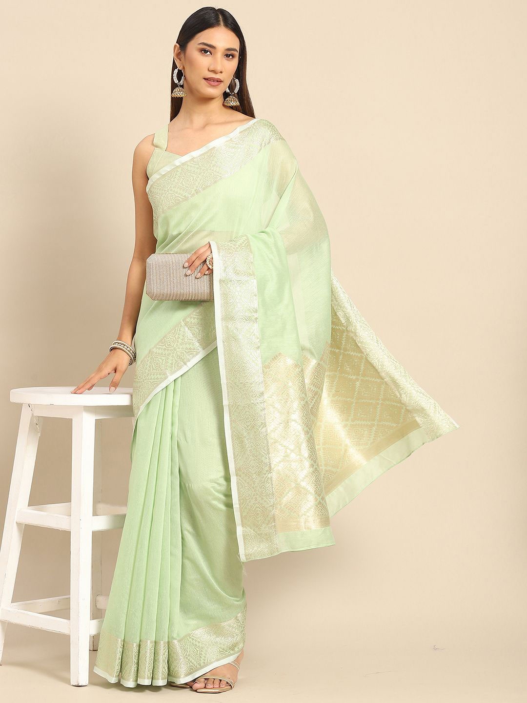 

Anouk Rustic Floral Zari Bagru Saree, Gold