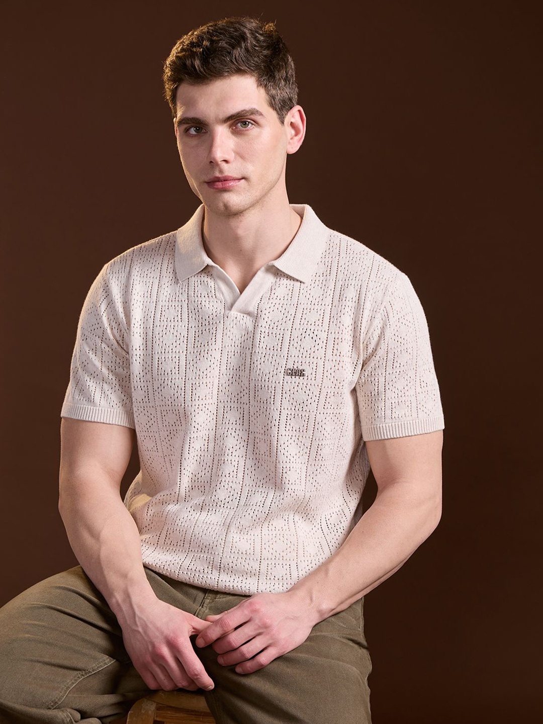 

THE BEAR HOUSE Men Polo Collar Slim Fit T-shirt, Beige