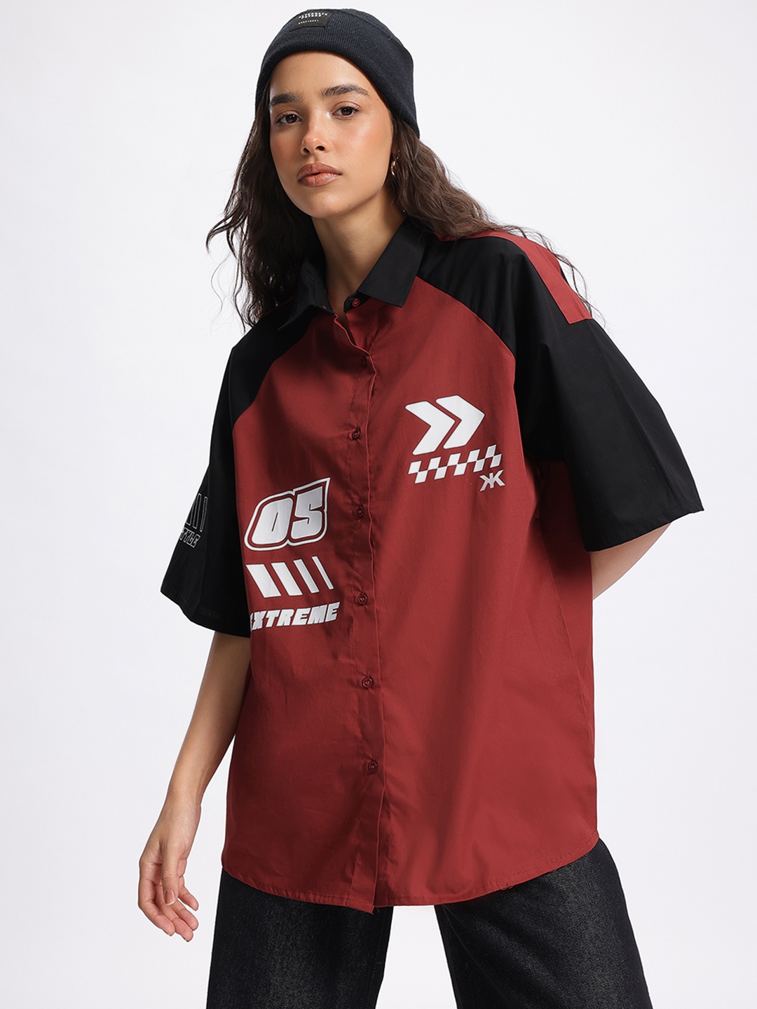 

Kook N Keech Street Texture Printed Oversized Longline Shirt, Maroon