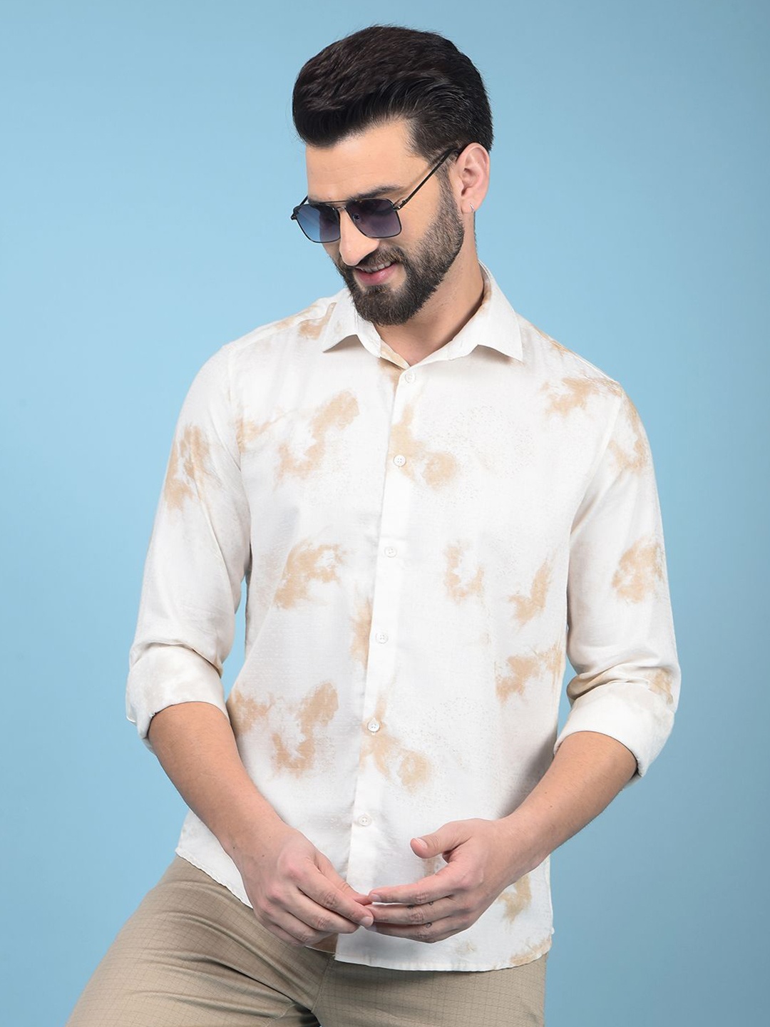 

Crimsoune Club Men Classic Slim Fit Opaque Printed Casual Shirt, Beige
