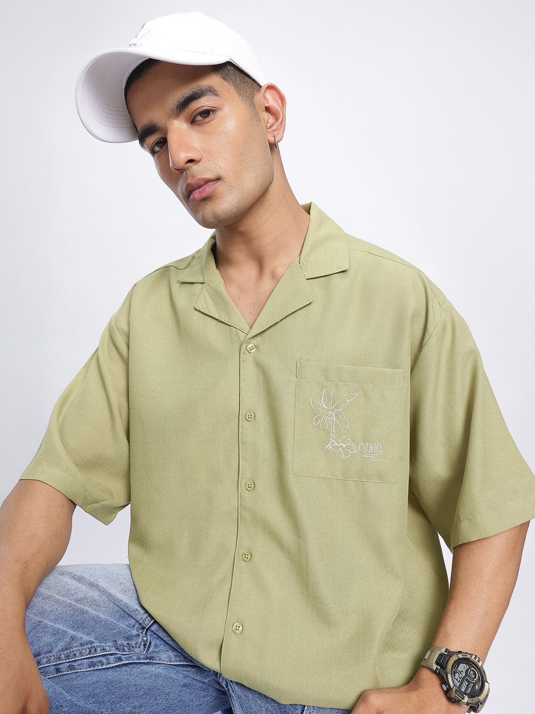 

glitchez Regal Radiance Cuban Collar Relaxed Fit Shirt, Green