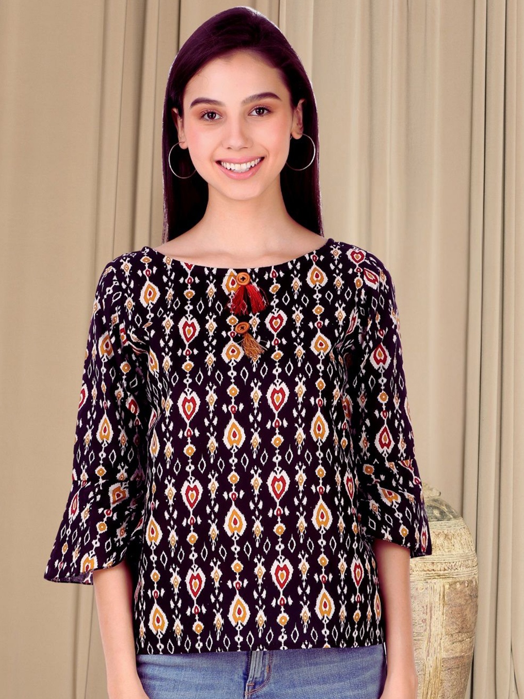 

StyleOcean Print Bell Sleeve Cotton Top, Black