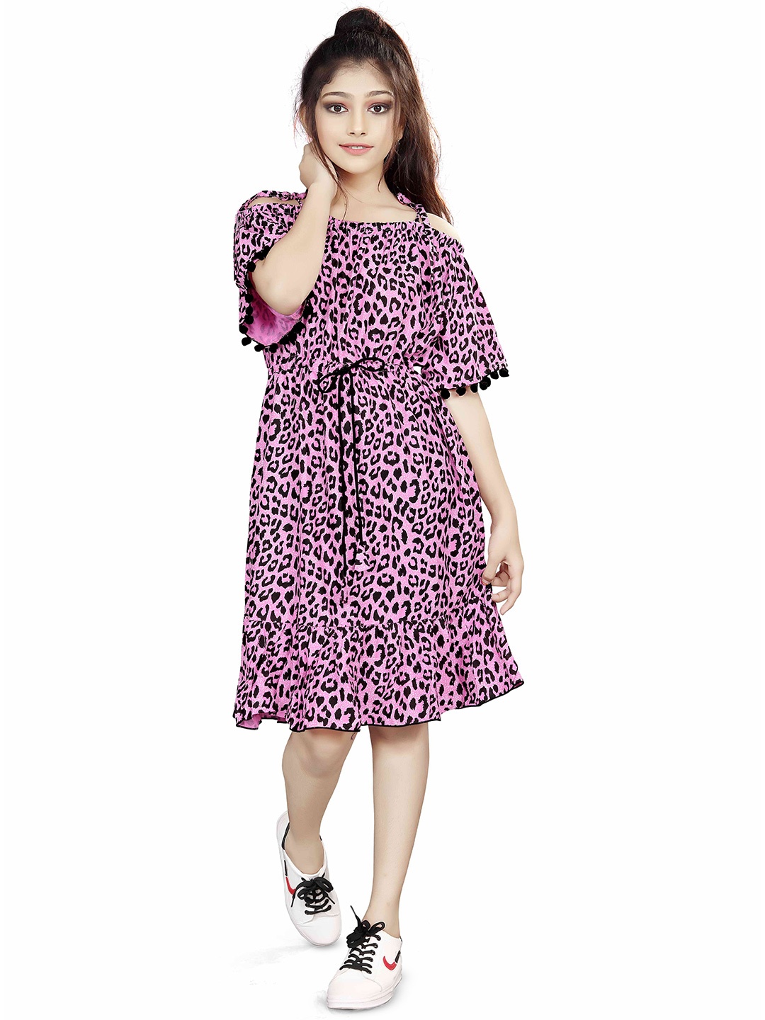 

Kids stylish Animal Print Off-Shoulder Flared Sleeve Fit & Flare Dress, Purple