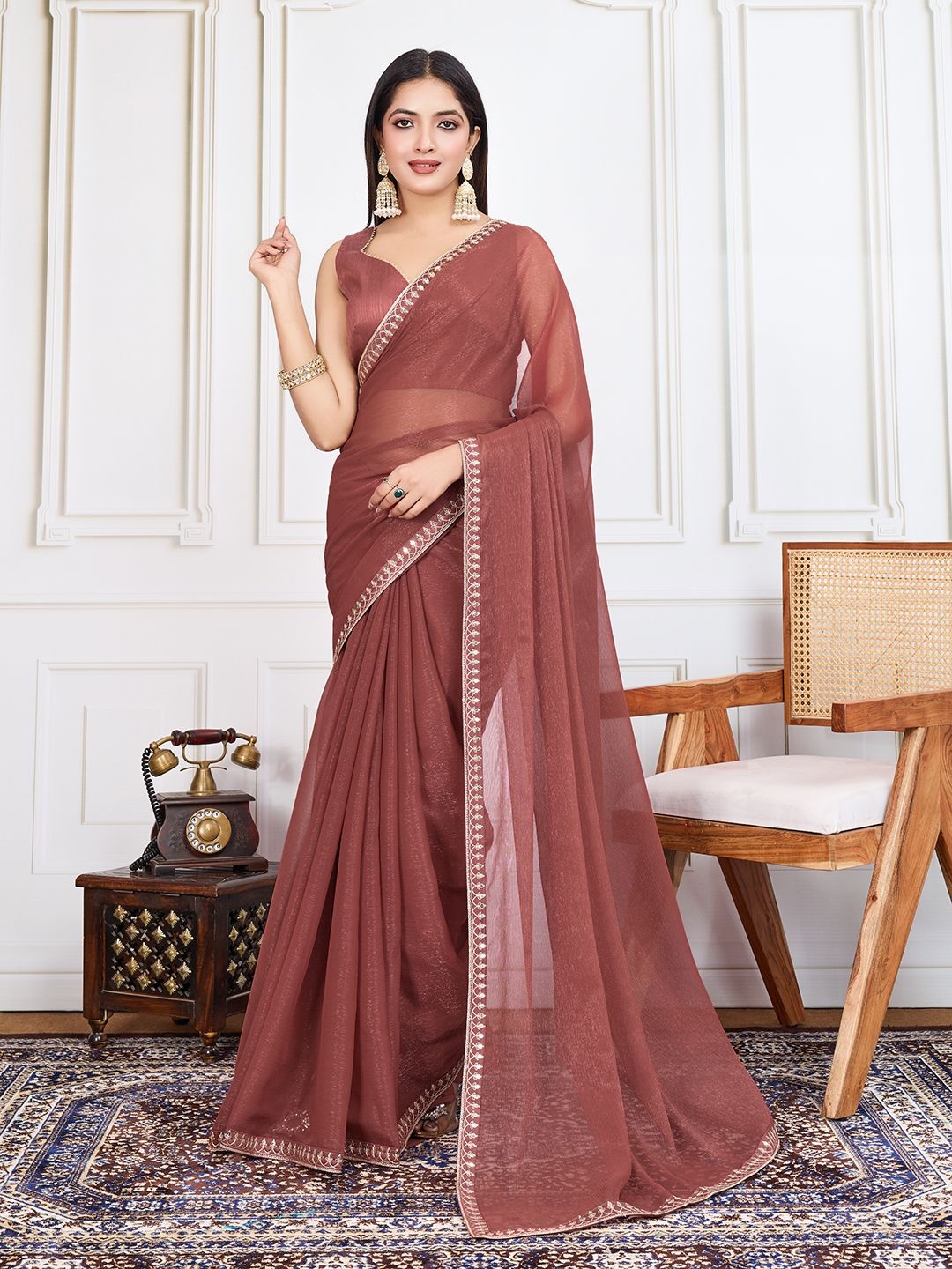 

House of Pataudi Embroidered Work Saree With Blouse Piece, Brown