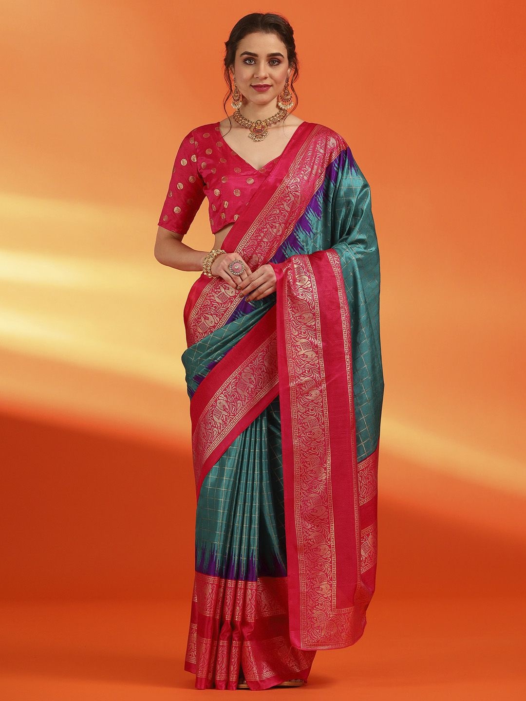 

Mitera Checked Zari Silk Blend Pochampally Saree, Teal