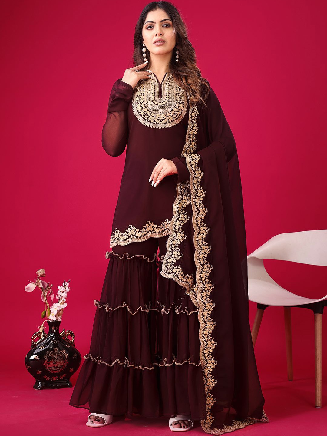 

HARI FASHION Women Embroidered Regular Sequinned Kurta with Sharara & With Dupatta, Maroon