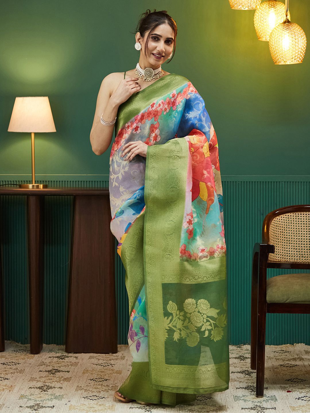

all about you Floral Zari Silk Blend Saree, Green