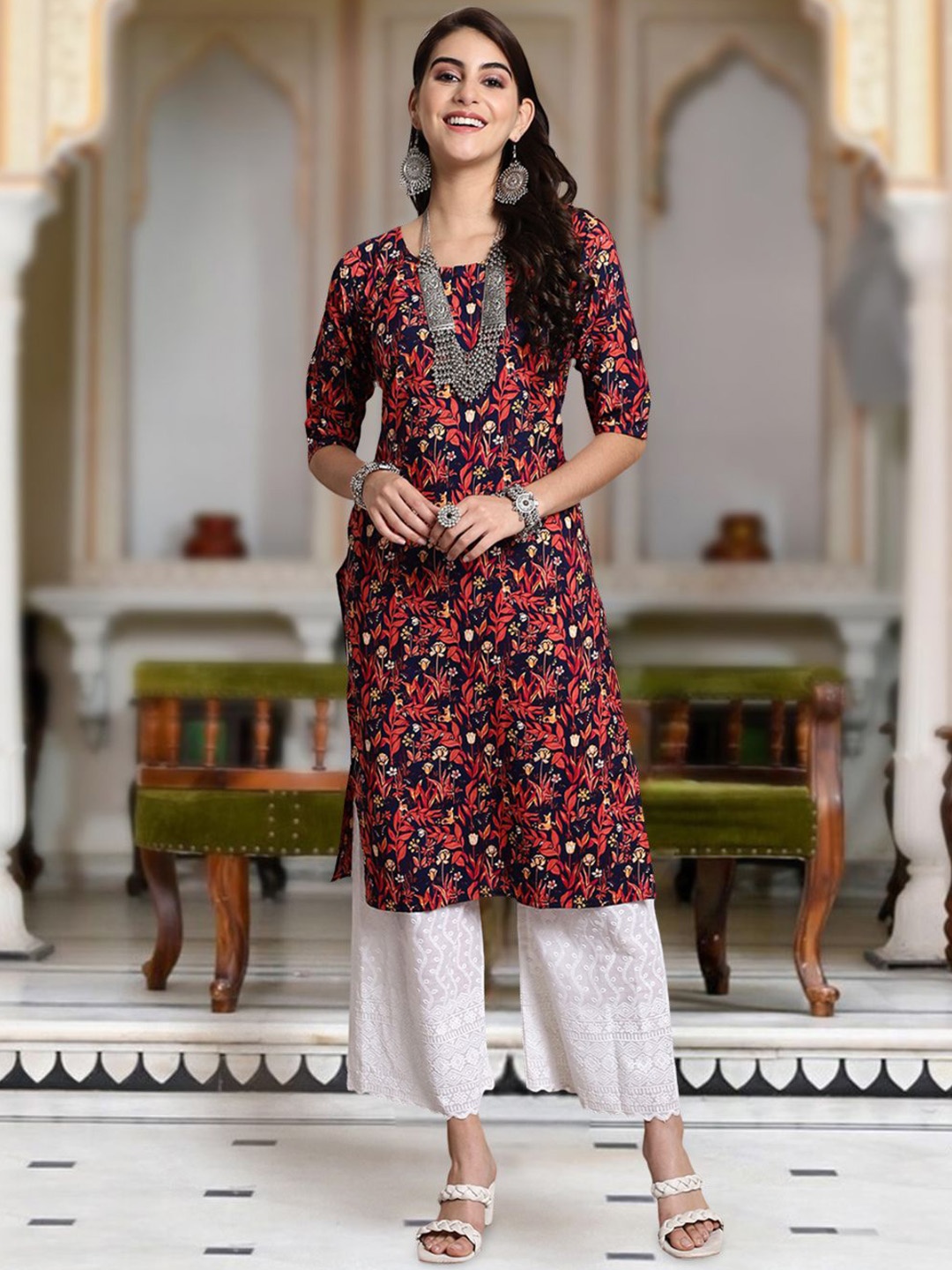 

Moda Rapido Floral Printed Round Neck Straight Kurta, Blue