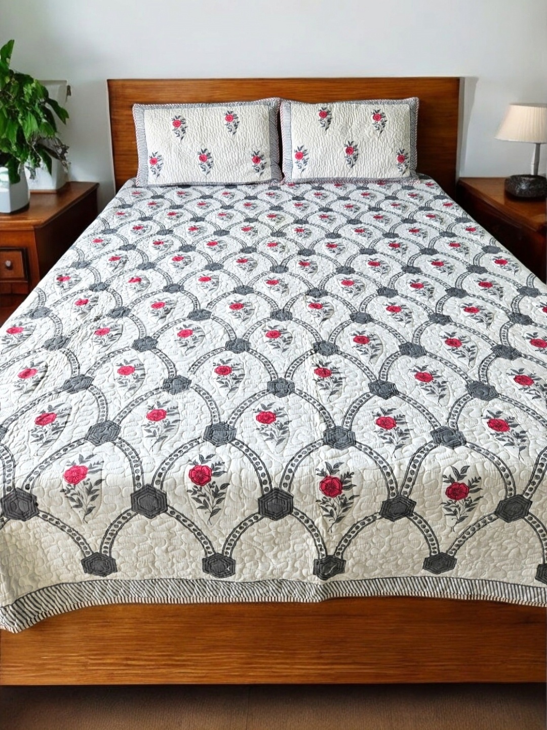 

Feels Like Home White & Grey Ruby Garden Quilted Reversible Bedcover