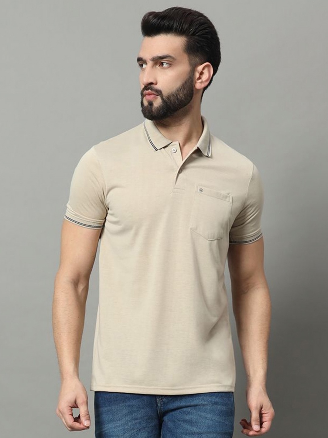 

OGEN Men Polo Collar Pockets T-shirt, Beige