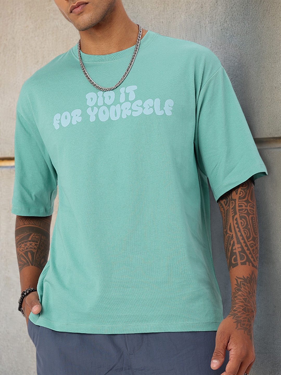 

Kook N Keech Edgy Self Made Printed Drop Shoulder Oversized T-shirt, Green