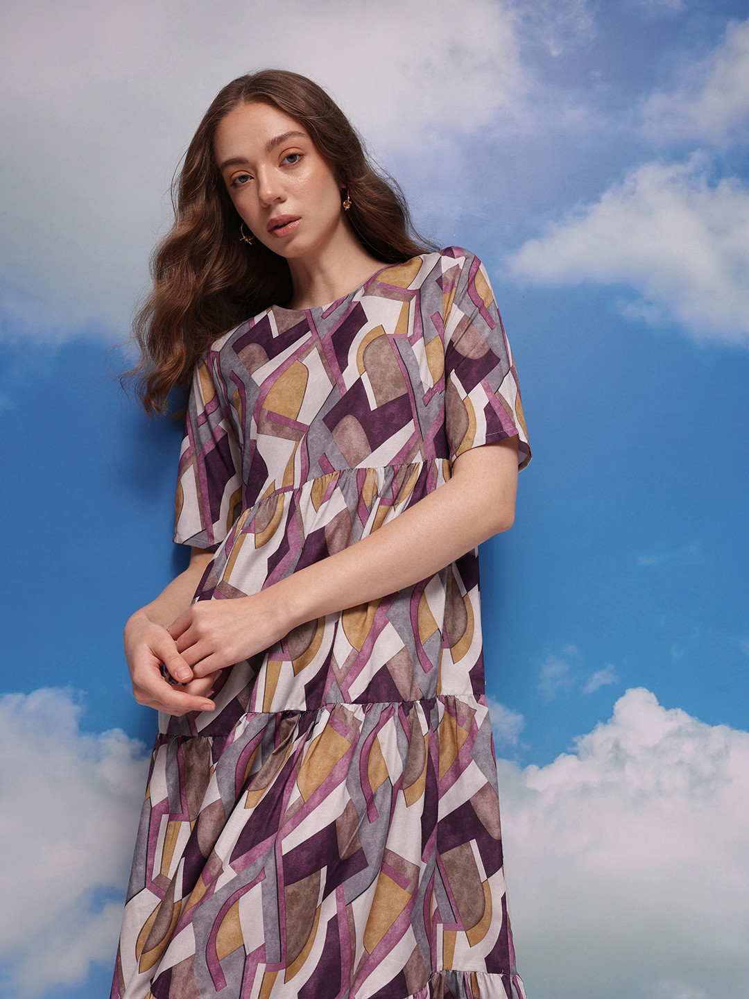 

CORSICA Abstract Print Tiered Midi A-Line Dress, White