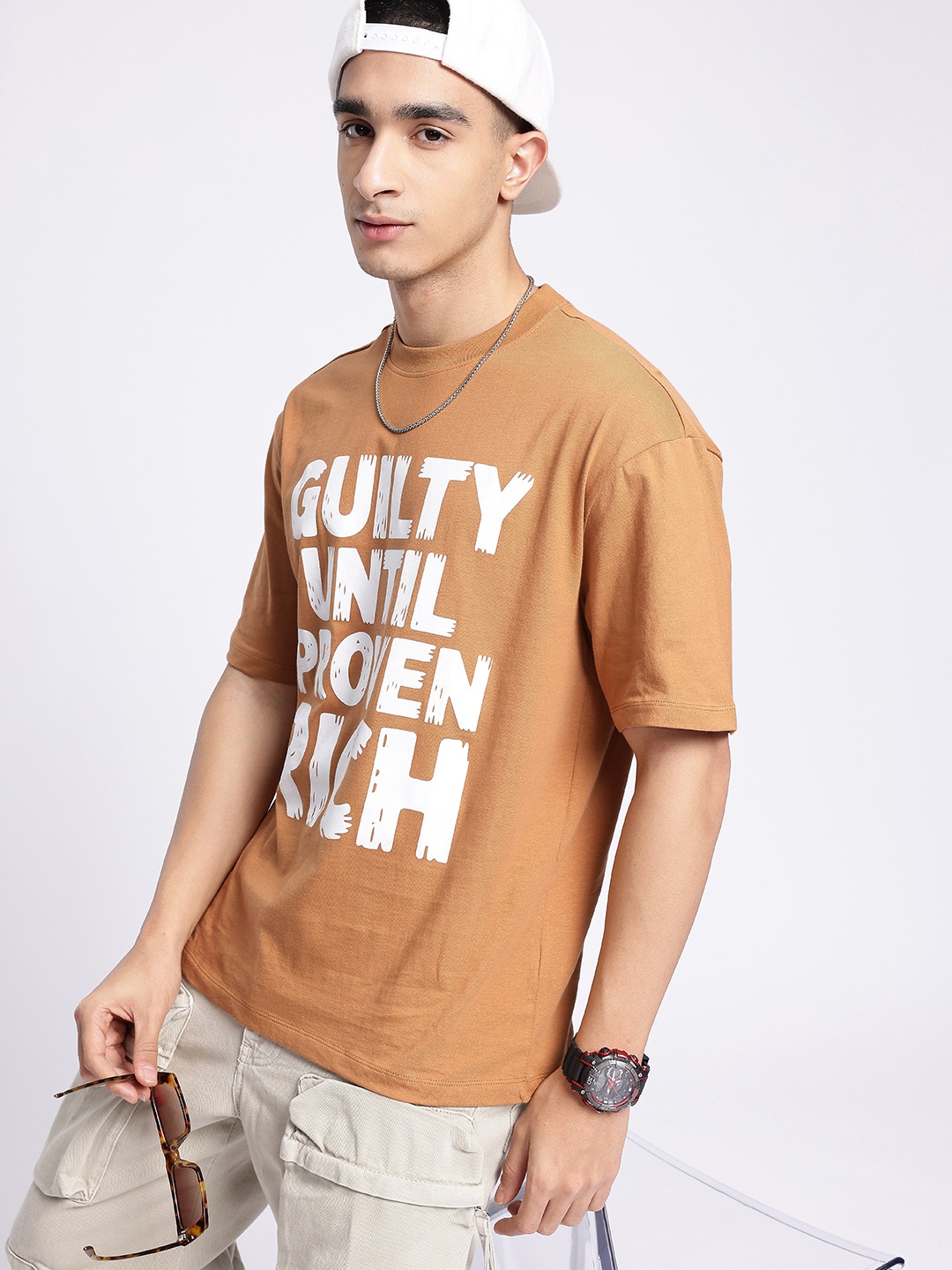 

glitchez Downtown Dope Printed Oversized T-shirt, Brown