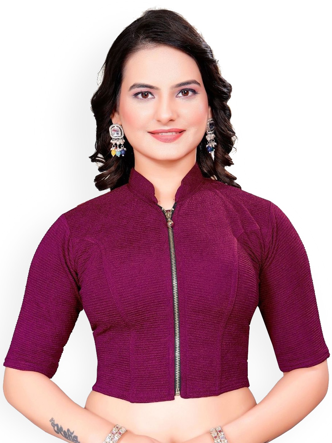 

SS Sanket Synthetics High Neck Front Full Zip Blouse, Burgundy