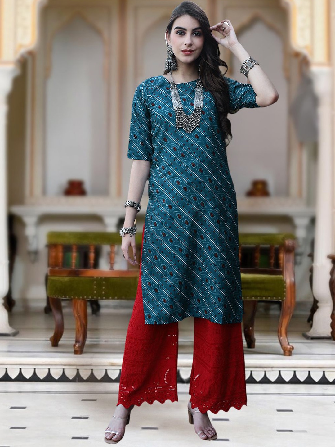 

Moda Rapido Bandhani Printed Round Neck Straight Kurta, Blue