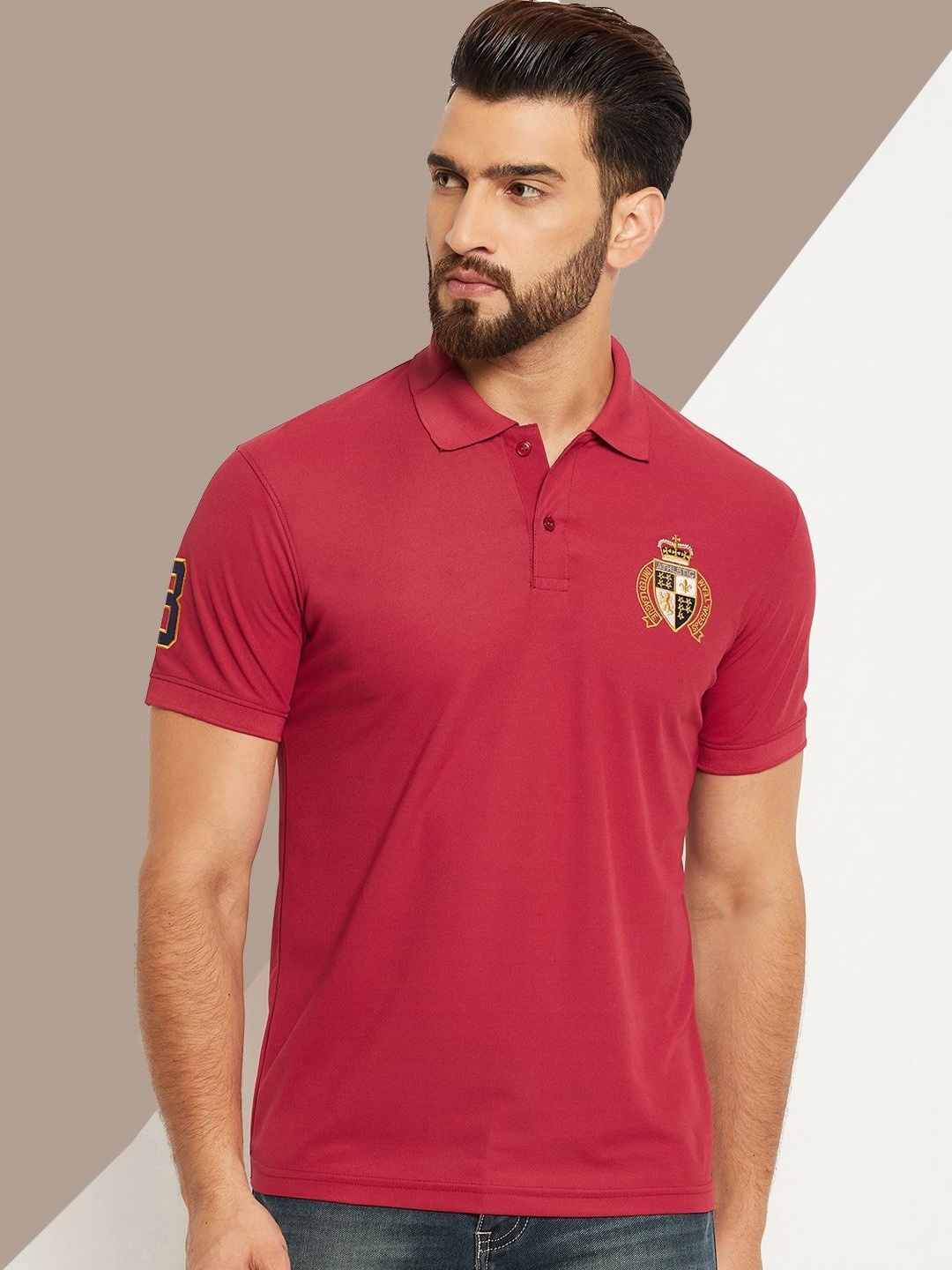 

OGEN Men Polo Collar Applique T-shirt, Maroon
