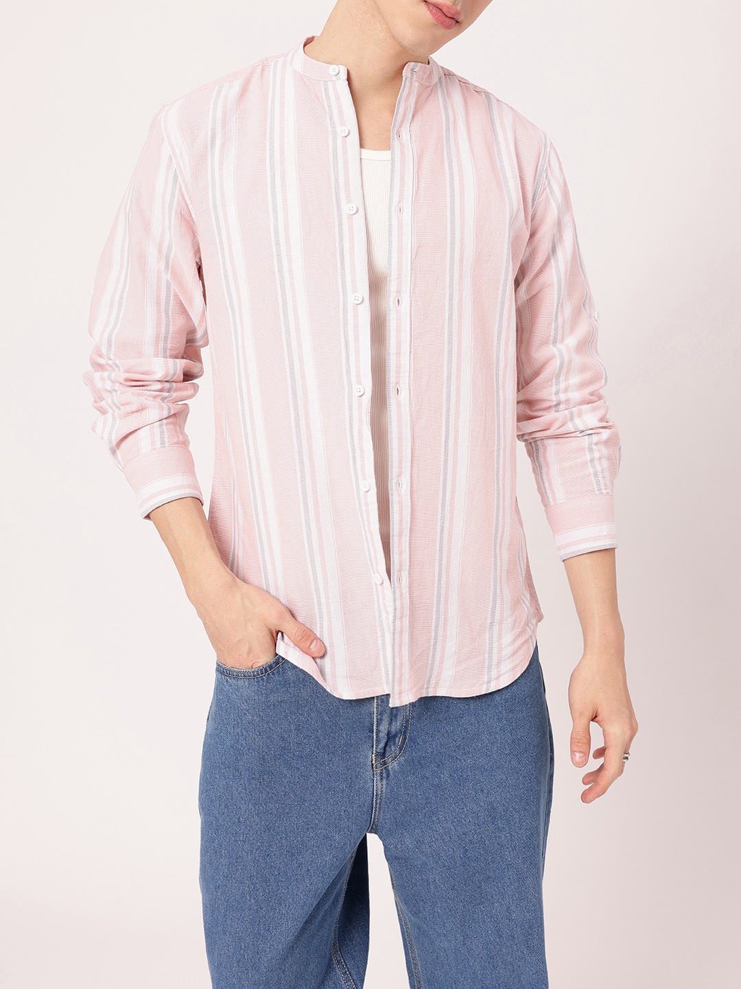 

Kook N Keech Clean And Sharp Vertical Striped Band Collar Relaxed Shirt, Pink