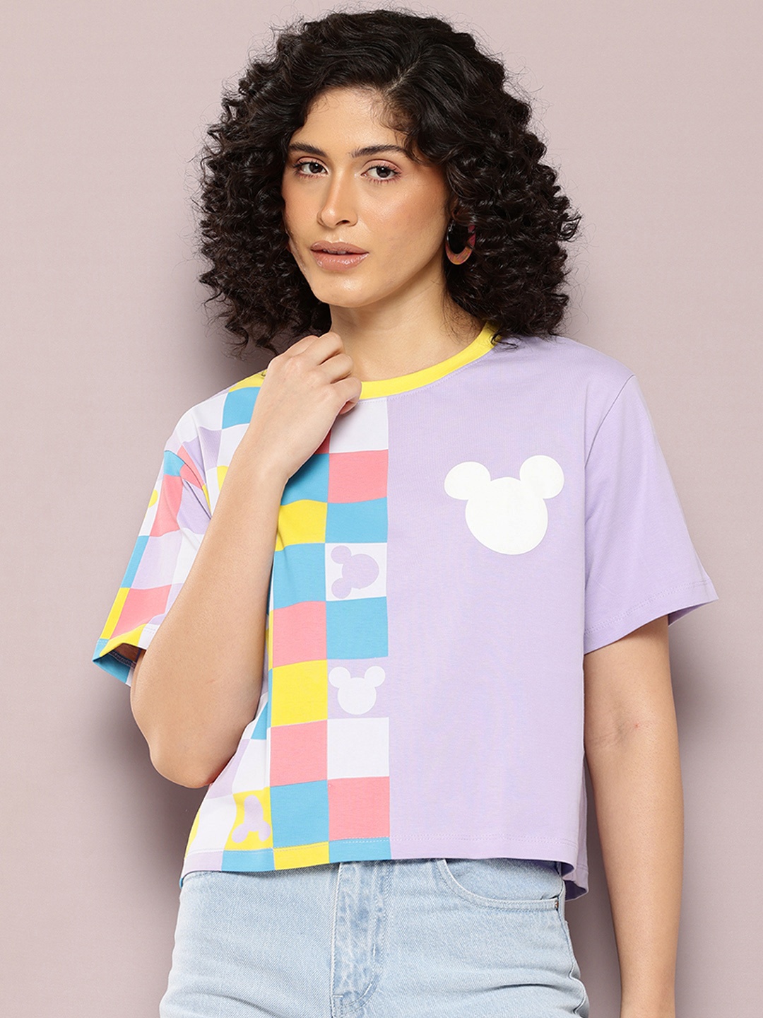 

Kook N Keech Disney Women Mickey Mouse Colourblocked Drop-Shoulder Sleeves Pure Cotton T-shirt, Lavender