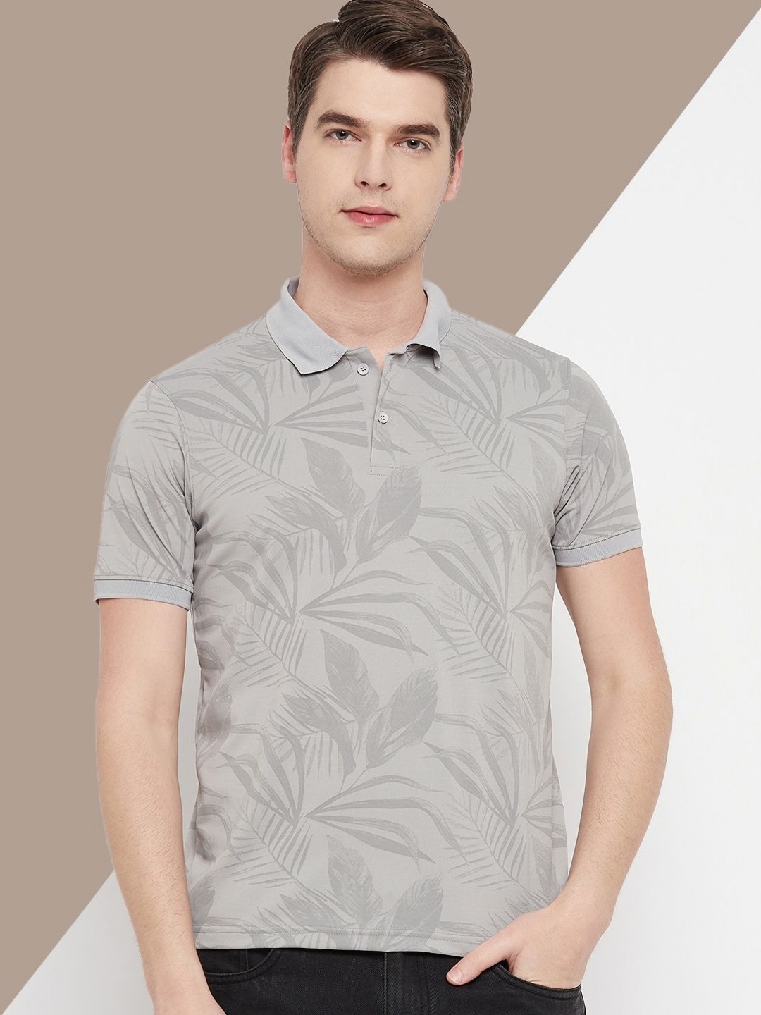 

OGEN Men Printed Polo Collar Pockets T-shirt, Grey