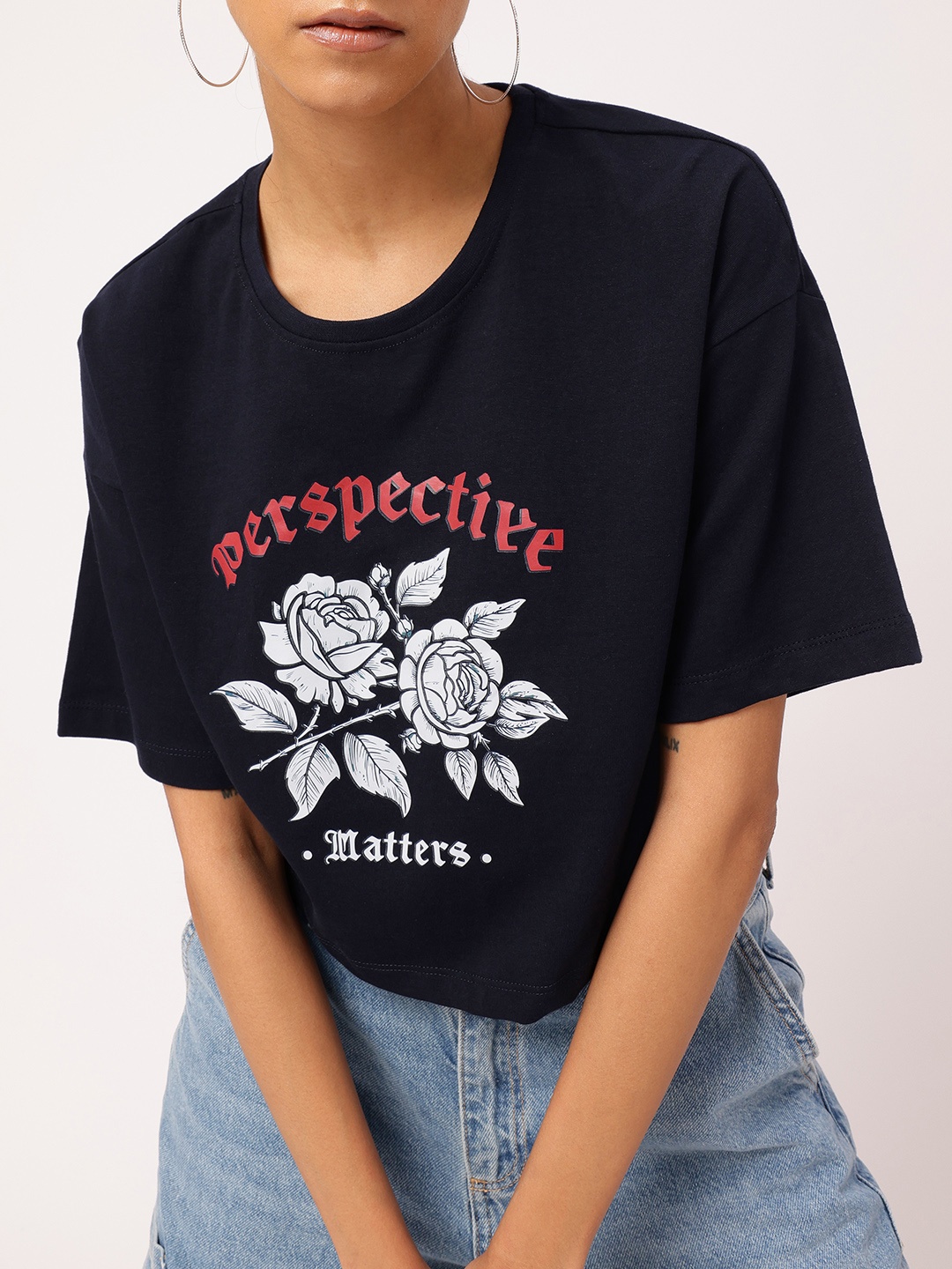 

DressBerry Perspective Touch Graphic Printed Boxy Fit Crop T-shirt, Navy blue