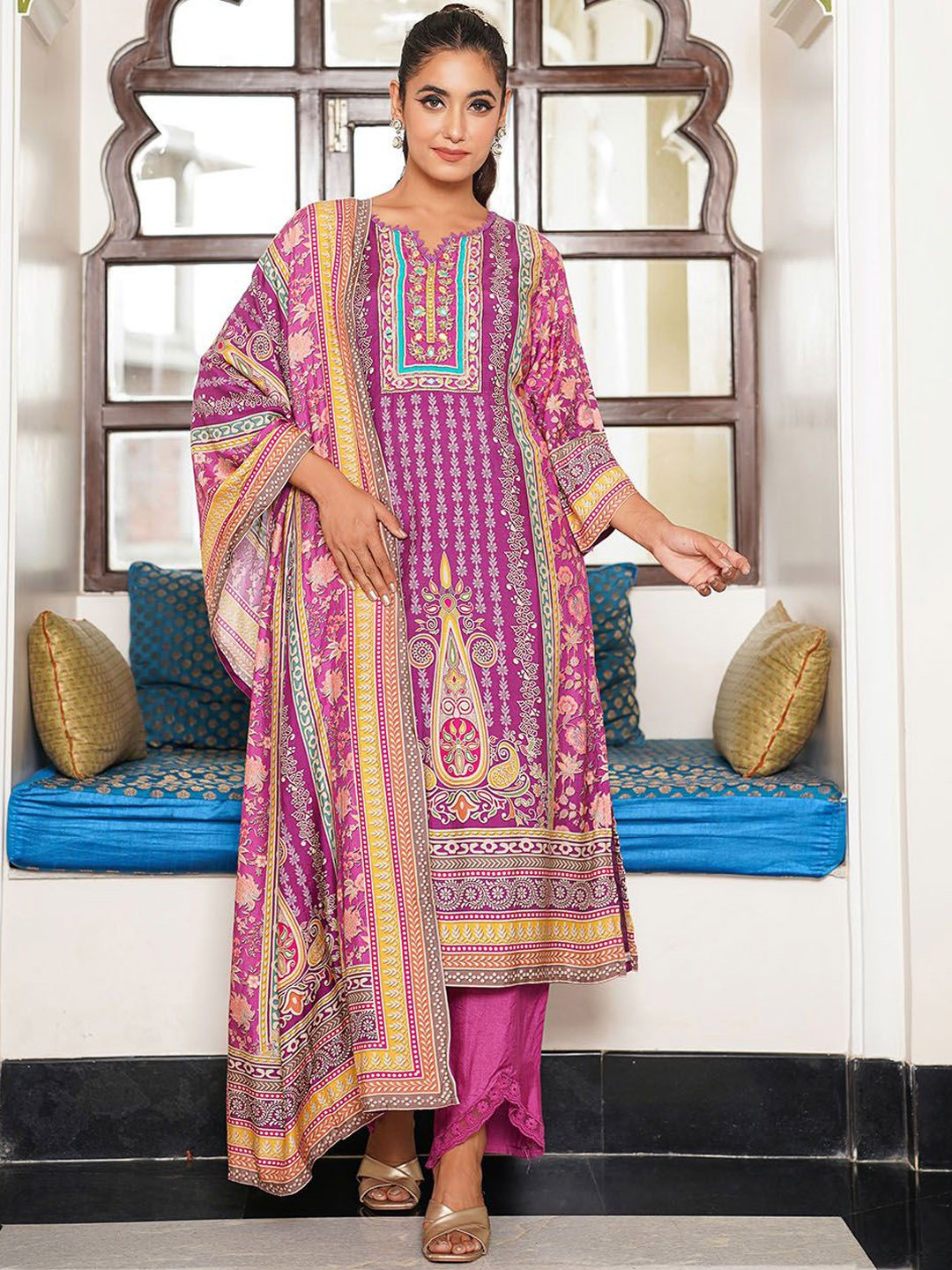 

Meena Bazaar Floral Printed Mirror Work Straight Kurta With Trouser And Dupatta, Purple
