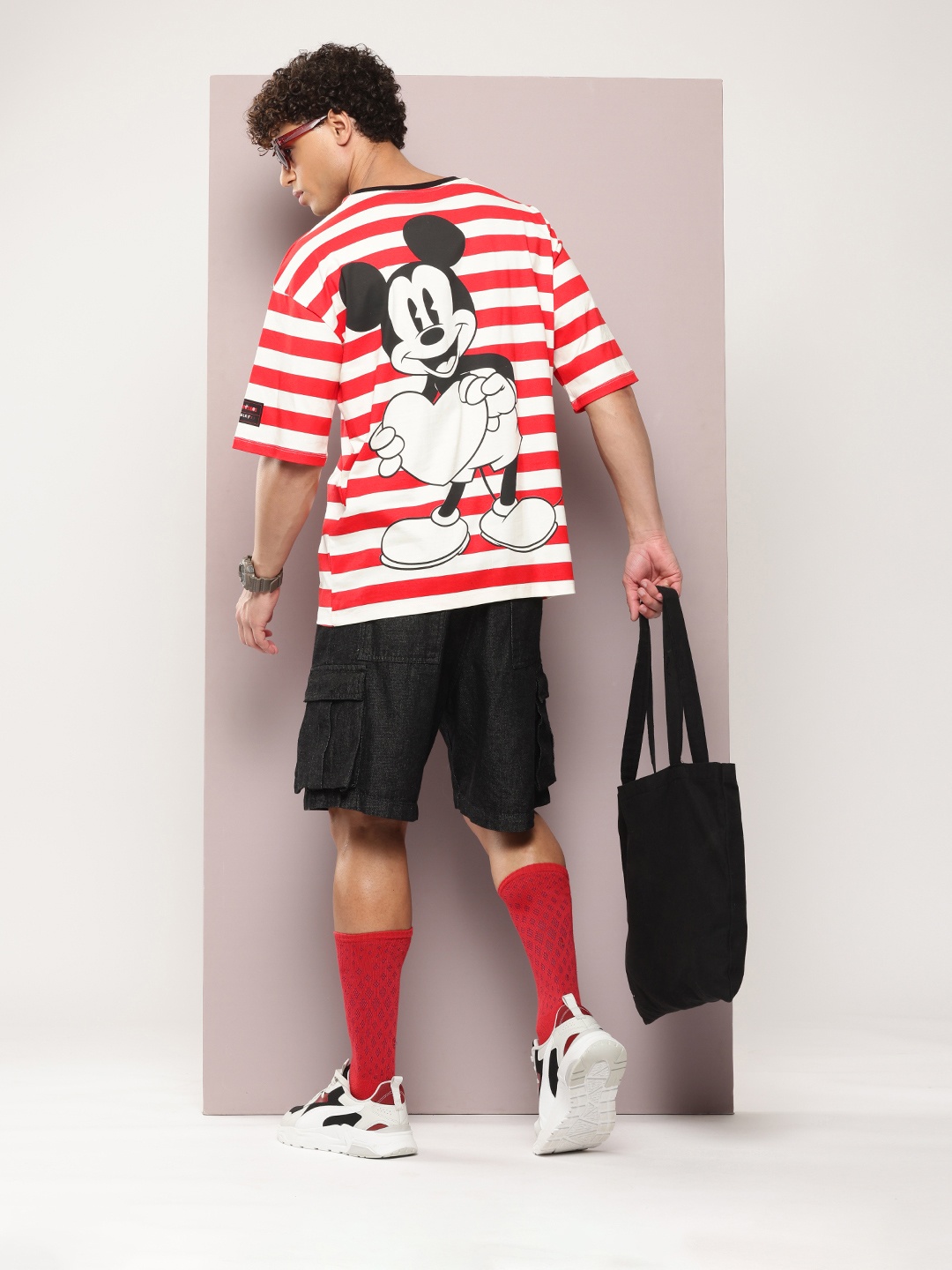

Kook N Keech Disney Mickey Mouse Striped Pure Cotton Oversized T-shirt, Off white