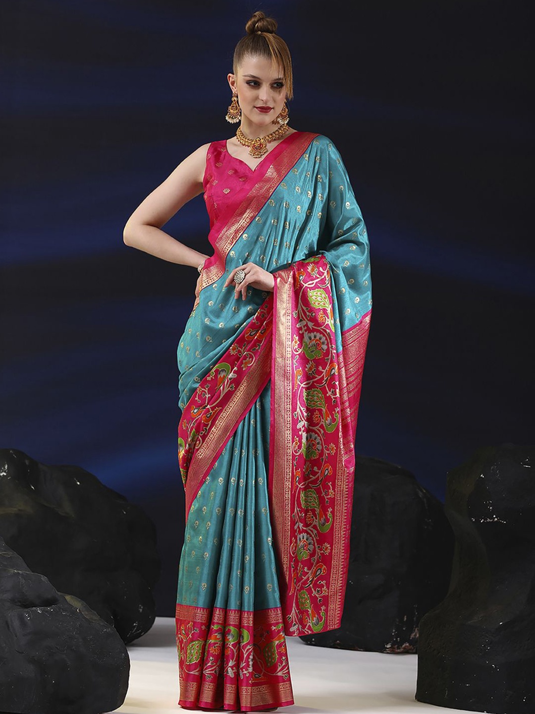 

Anouk Rustic Kalamkari Schiffli Silk Blend Bagh Saree, Blue