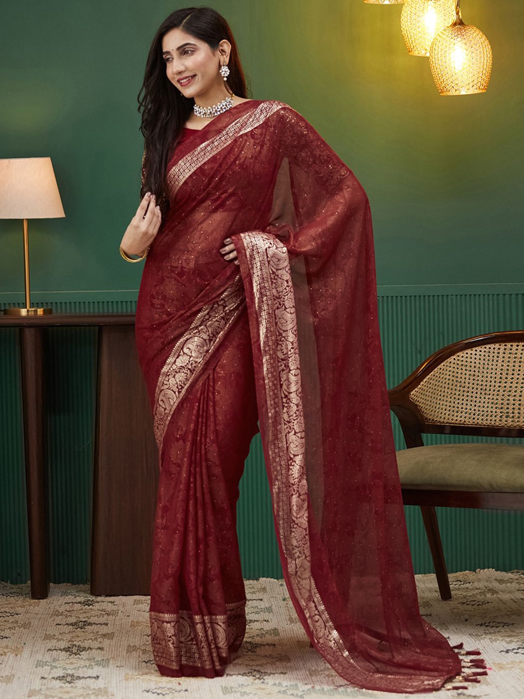 

all about you Woven Design Zari Pure Georgette Banarasi Saree, Maroon